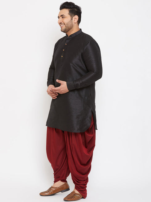 Vastramay Men's Plus Size Black Silk Blend Curved Kurta Dhoti Set